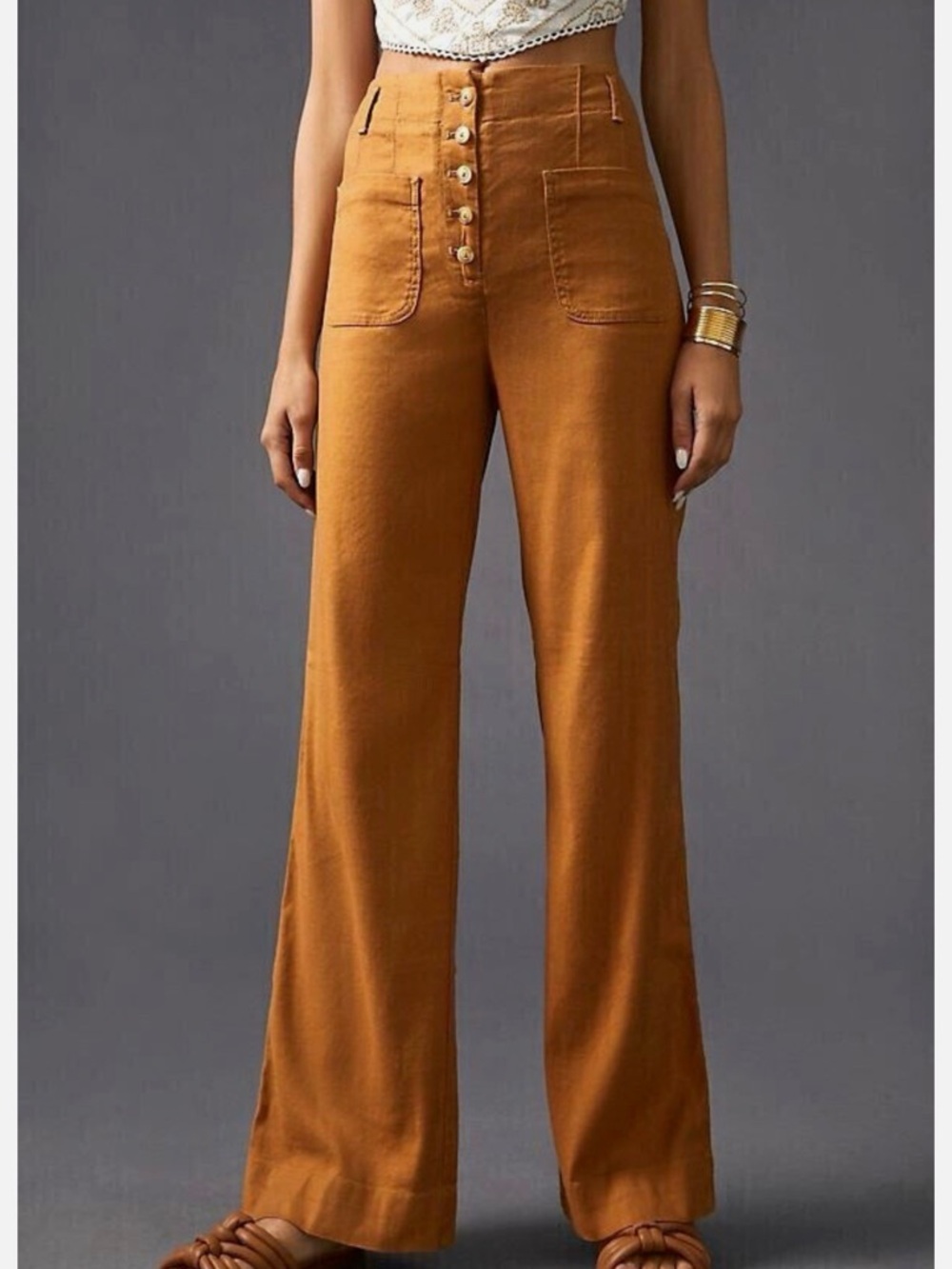 Anthropologie Maeve Relaxed Wide-Leg Trousers Pants High Rise Linen Cedar size 2